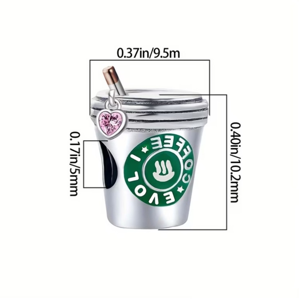 Sterling Silver Coffee Cup Charm with Straw & Pink Heart - Picture 2 of 7